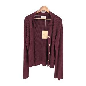 Sancia Knit Cardigan Sweater Oriane Large Women's Maroon Wine Red NEW Collar